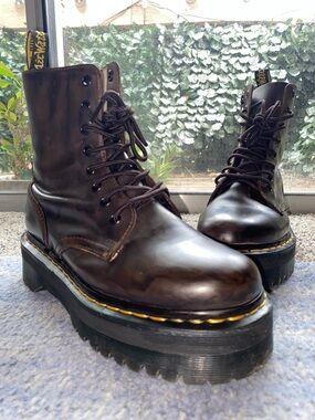 Dr. Martens Platform Boots in Dark Brown with Yellow Stitching